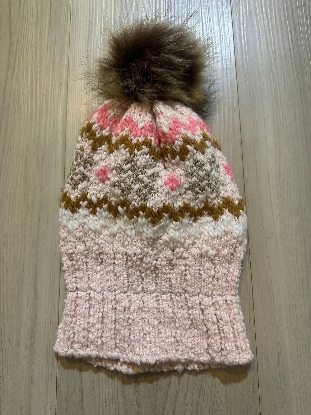 Toby Girls Knit Beanie Hat 12-24 Months Pink Fair Isle Faux Fur Pom Metallic